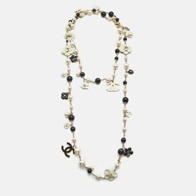 Pre-owned Chanel Cc Camelia Faux Pearl Beads Enamel Gold Tone Metal Long Necklace