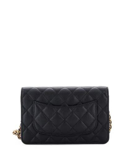 Pre-owned Chanel Cc Camellia Charms Wallet On Chain Quilted Caviar Shoulder Bag In Black