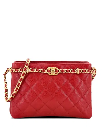 Pre-owned Chanel Cc Camellia Shopping Chain Tote Quilted Caviar Small Shoulder Bag In Red