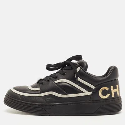 Pre-owned Chanel Cc Camellia Size 38 Black Perforated Leather Lace Up Sneakers