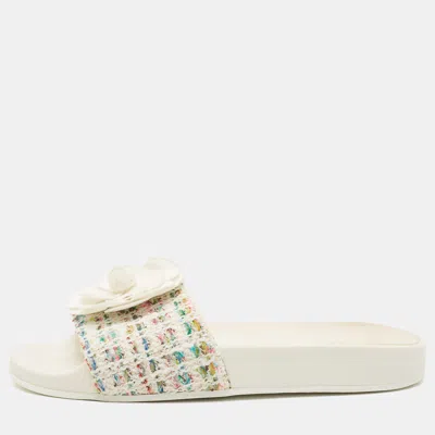 Pre-owned Chanel Cc Camellia Size 38 Multicolor Tweed Flat Slides