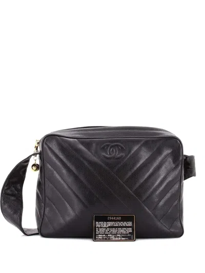Pre-owned Chanel Cc Camera Diagonal Quilted Caviar Medium Shoulder Bag In Black