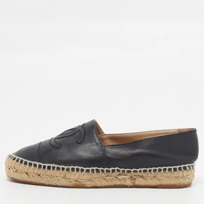 Pre-owned Chanel Cc Cap Toe Size 35 Black Leather Espadrille Flats
