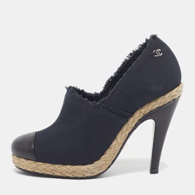Pre-owned Chanel Cc Cap Toe Size 36.5 Navy Blue/black Canvas And Leather Booties