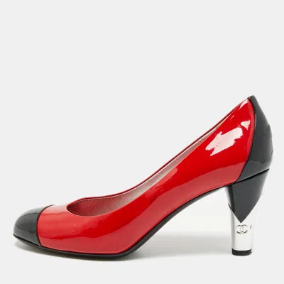 Pre-owned Chanel Cc Cap Toe Size 38 Red/black Patent Leather Pumps