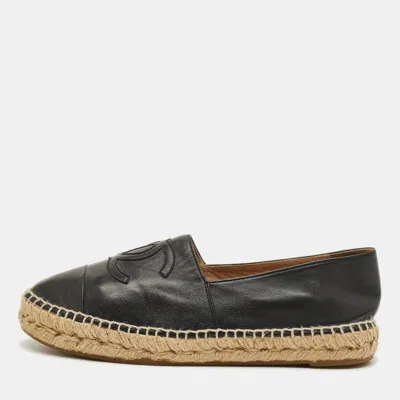 Pre-owned Chanel Cc Cap Toe Size 39 Black Leather Espadrille Flats
