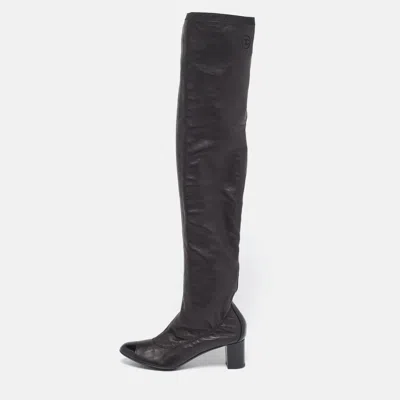 Pre-owned Chanel Cc Cap Toe Size 39 Metallic/black Leather And Patent Knee Length Boots In Silver