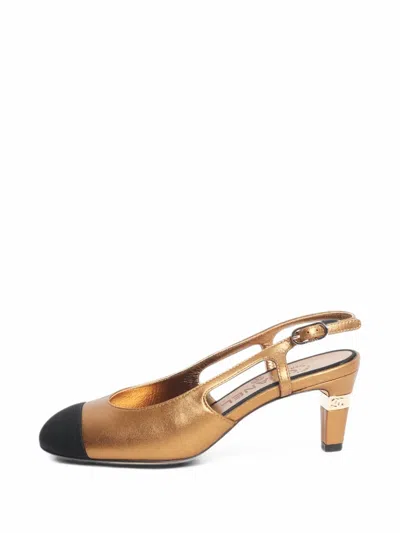 Pre-owned Chanel Cc Cap-toe Slingback Sandals In Gold