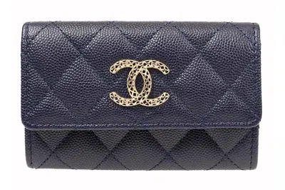 Pre-owned Chanel Cc Card Holder Navy Blue (ap3187)