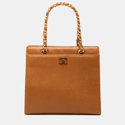 Pre-owned Chanel Cc Caviar Chain Turn Lock Medium Brown Caviar Leather Tote Bag
