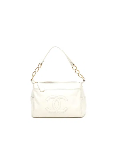 Pre-owned Chanel Cc Caviar Hobo Bag In White