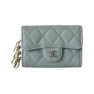 Pre-owned Chanel Cc Caviar Quilted Classic 4 Key Holder Wallet Light Blue
