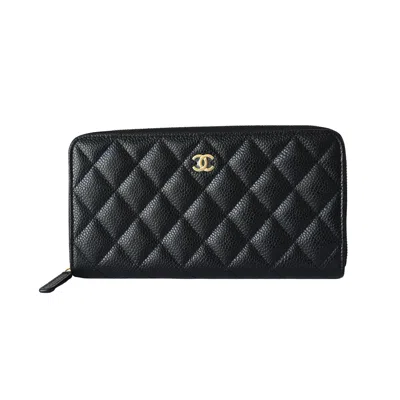 Pre-owned Chanel Cc Caviar Quilted Large Gusset Zip Around Wallet Black