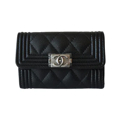 Pre-owned Chanel Cc Caviar Quilted Le Boy Flap Card Holder Black