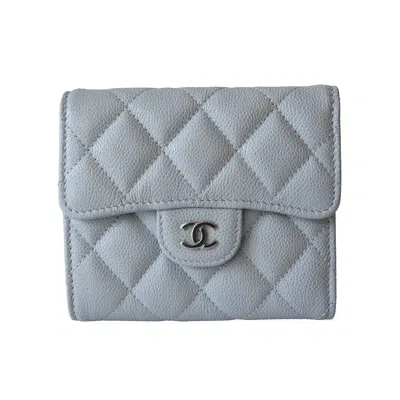 Pre-owned Chanel Cc Caviar Quilted Trifold Compact Flap Wallet With Zipped Light Blue
