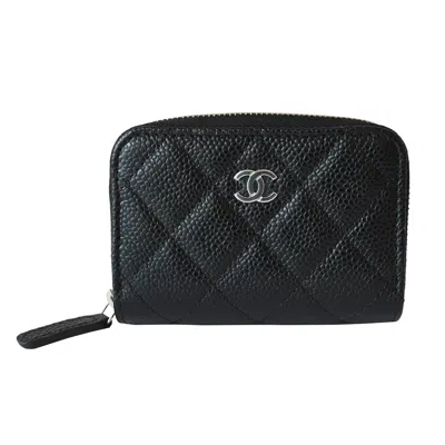 Pre-owned Chanel Cc Caviar Quilted Zip Coin Purse Black Silver