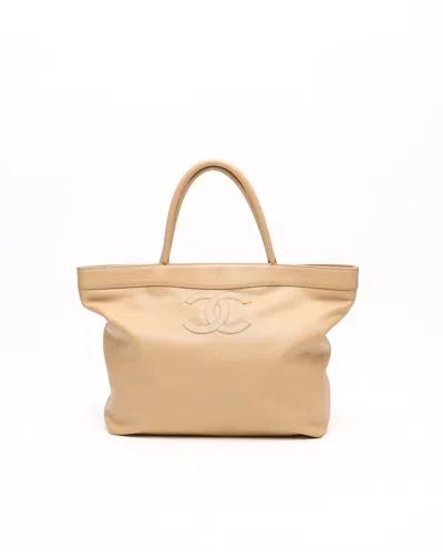 Pre-owned Chanel Cc Caviar Tote Bag In Sand