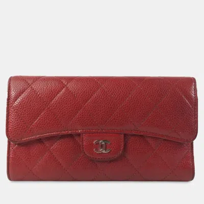 Pre-owned Chanel Cc Caviar Trifold Wallet In Red