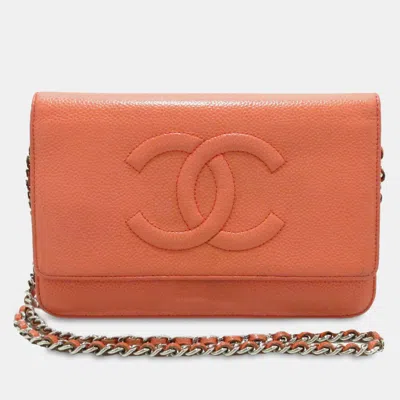 Pre-owned Chanel Cc Caviar Wallet On Chain Bag In Orange