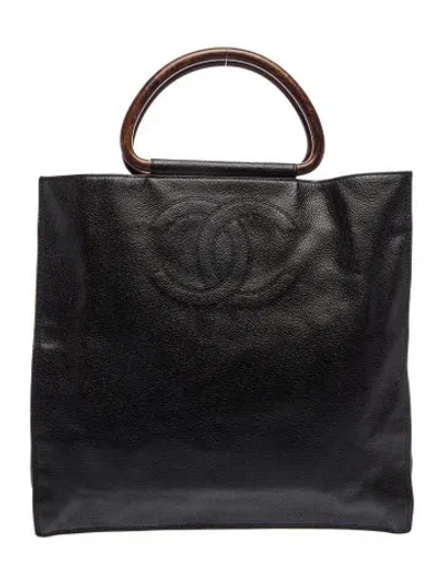Pre-owned Chanel Cc Caviar Wood Tote In Black