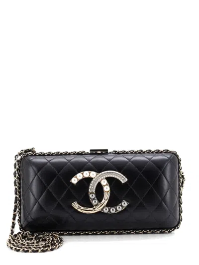 Pre-owned Chanel Cc Chain Around Minaudiere Crystal And Pearl Embellished Quilted Lambskin Clutch Bag In Black