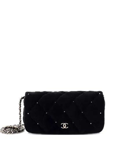 Pre-owned Chanel Cc Chain Flap Bag Crystal Embellished Quilted Velvet Small Crossbody Bag In Black