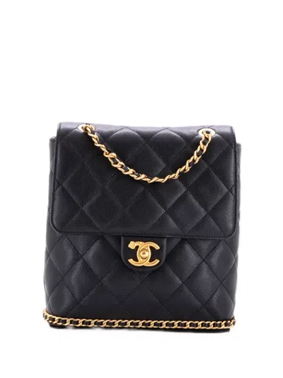 Pre-owned Chanel Cc Chain Flap Quilted Caviar Backpack In Black
