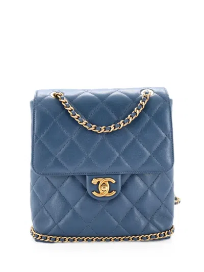Pre-owned Chanel Cc Chain Flap Quilted Caviar Backpack In Blue
