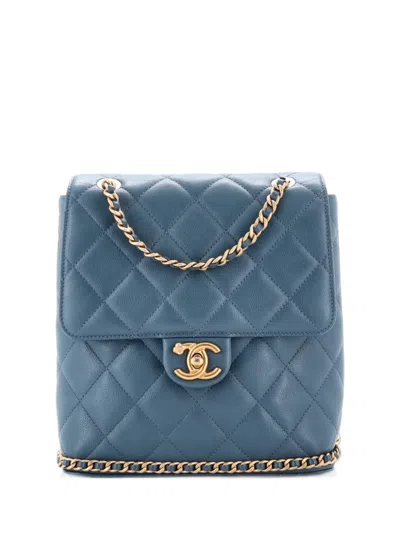 Pre-owned Chanel Cc Chain Flap Quilted Caviar Backpack In Blue