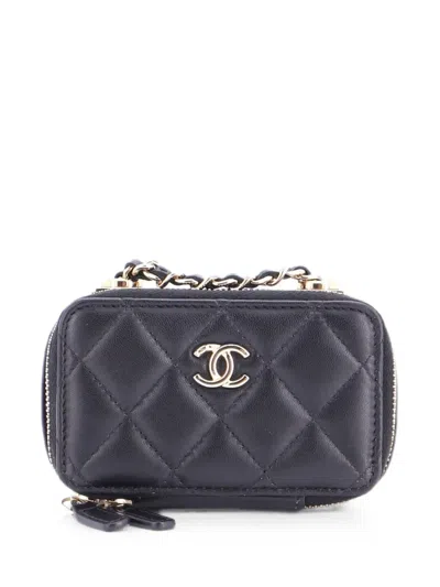 Pre-owned Chanel Cc Chain Handle Zip Around Vanity Case With Chain Quilted Lambskin Mini Crossbody Bag In Black