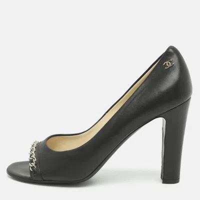 Pre-owned Chanel Cc Chain Link Size 38.5 Black Leather Peep Toe Pumps