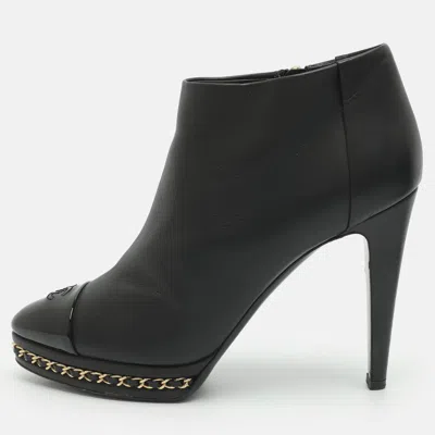 Pre-owned Chanel Cc Chain Link Size 39 Black Leather Booties