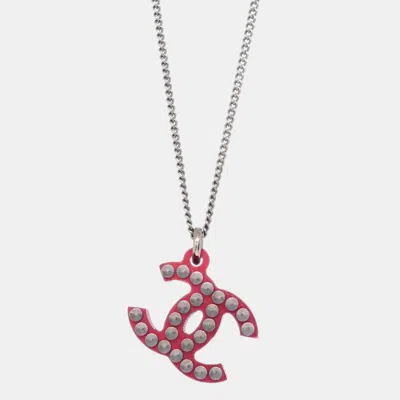 Pre-owned Chanel Cc Chain Pendant Necklace Acrylic Silver Red