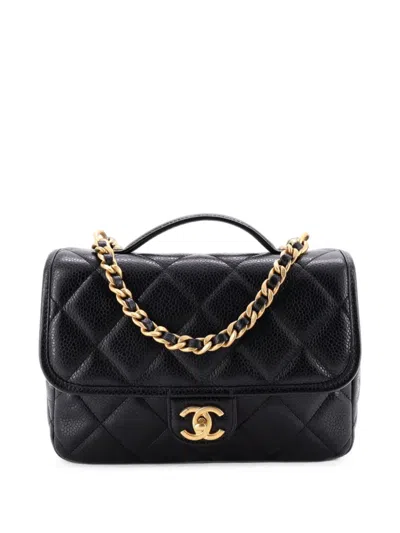 Pre-owned Chanel Cc Chain Top Handle Square Quilted Caviar Medium Backpack In Black