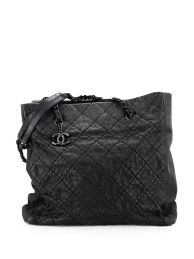 Pre-owned Chanel Cc Charm Quilted Iridescent Calfskin Tall Tote Bag In Black