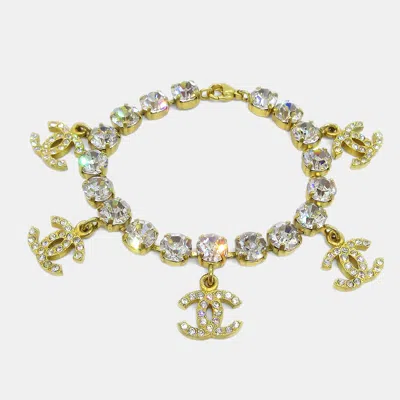 Pre-owned Chanel Cc Charm Rhinestone Chain Bracelet Gold