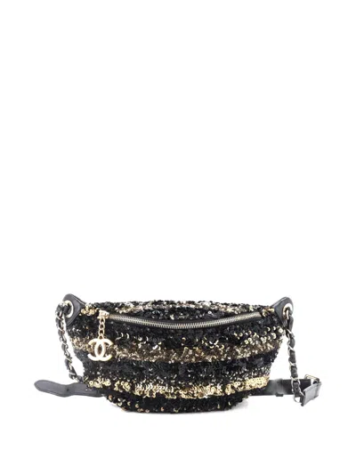 Pre-owned Chanel Cc Charm Zip Waist Bag Sequins And Quilted Lambskin Belt Bag In Black