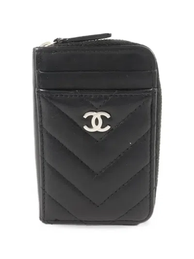 Pre-owned Chanel Cc Chevron-quilted Card Case In Black