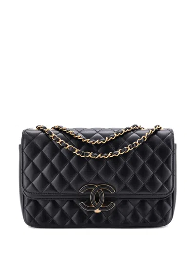 Pre-owned Chanel Cc Chic Double Flap Bag Quilted Lambskin Medium Crossbody Bag In Black
