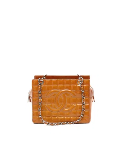 Pre-owned Chanel Cc Chocolate Bar Patent Bag In Orange