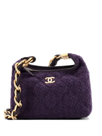Pre-owned Chanel Cc Chunky Chain Zip Quilted Tweed And Lambskin Small Hobo Bag In Purple