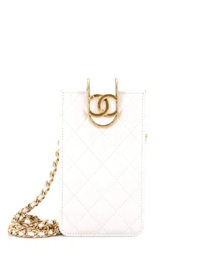 Pre-owned Chanel Cc Clasp Phone Holder Quilted Lambskin Crossbody Bag In White