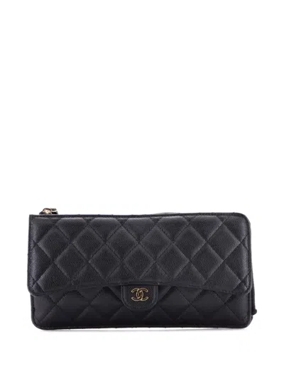 Pre-owned Chanel Cc Classic Flap Zip Wallet Quilted Caviar Long Small Wallets In Black