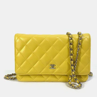 Pre-owned Chanel Cc Coco Mark Matelasse Quilted Chain Wallet/long Wallet Lambskin Yellow
