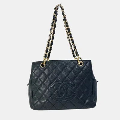 Pre-owned Chanel Cc Coco Mark Matelasse Quilted Double Chain Tote Bag Shoulder Caviar Skin Black