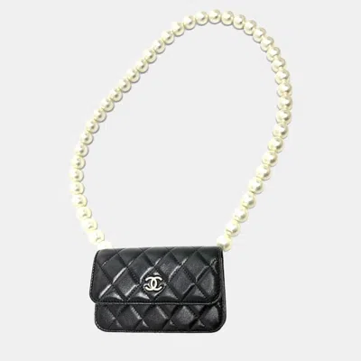 Pre-owned Chanel Cc Coco Mark Pearl Black Lambskin Long Chain Wallet