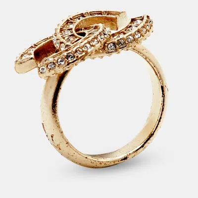 Pre-owned Chanel Cc Coco Mark Rhinestone Gold Tone Ring Size Eu 49