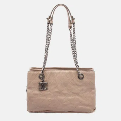 Pre-owned Chanel Cc Coco Matelasse Beige Calfskin Chain Shoulder Tote Bag In Sand