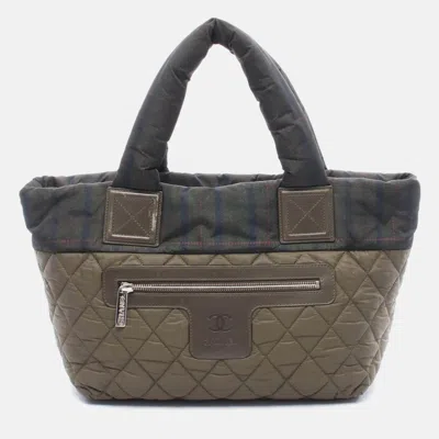 Pre-owned Chanel Cc Coco Small Khaki Green Nylon Leather Tote