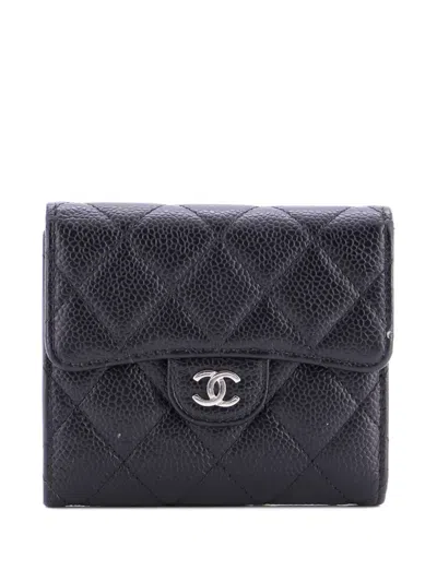 Pre-owned Chanel Cc Compact Classic Flap Wallet Quilted Caviar Small Wallets In Black